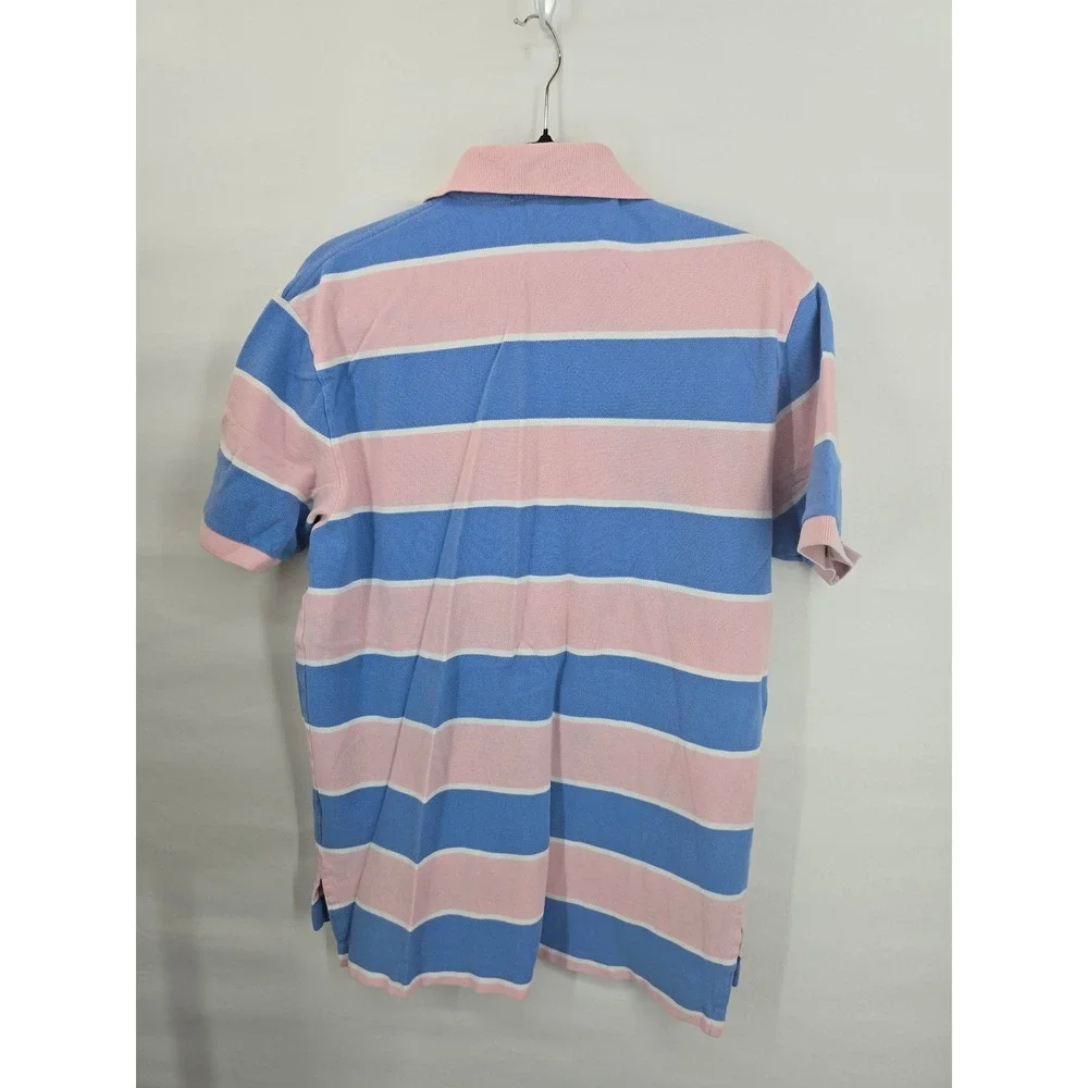 Polo Ralph Lauren Mens Medium Pink Blue Striped Short Sleeve Pique Polo Shirt